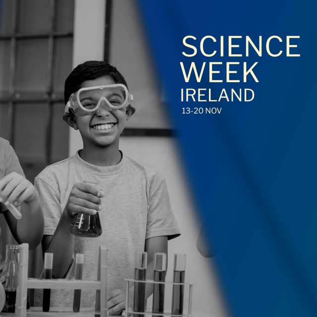 Composition of science week ireland text with diverse schoolchildren holding beakers and test tubes. Science week and celebration concept digitally generated image.