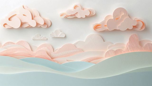 Crafting pastel paper landscape with layered hills and cloud cutouts, handcrafted minimal
