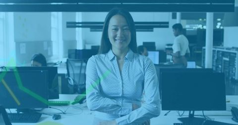 Confident Asian Businesswoman in Modern Office with Financial Data Overlay