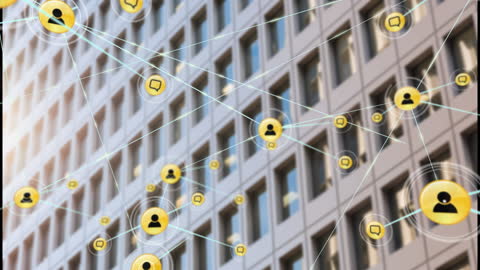 Digital Network Connects Over Office Building Facade