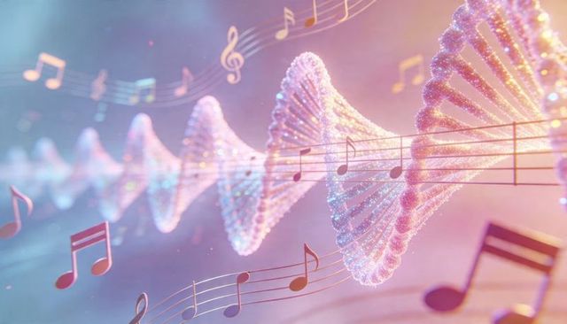 Glowing dna melody: double helix weaving through musical staff with pastel bokeh