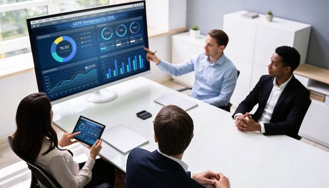 Executive team presenting analytics dashboard and charts during modern boardroom meeting