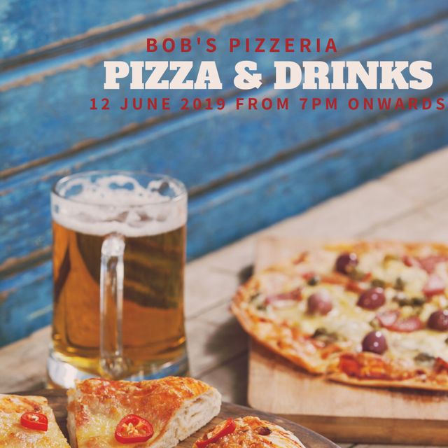 Picture shows a relaxing social dining atmosphere featuring a mug of beer and pizza slices on a rustic wooden table. Perfect for promoting restaurants, social gatherings, and relaxing dining experiences.