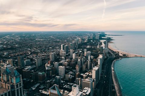Aerial View of Chicago Cityscape with Lake Michigan at Sunset