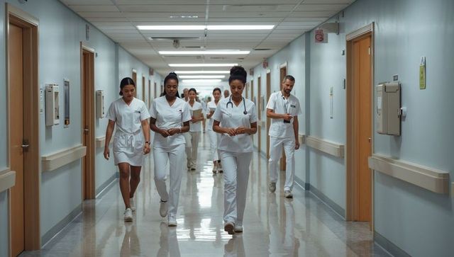 Nursing team walking hospital corridor in white scrubs collaborating during clinical shift