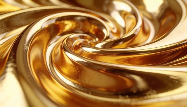 Swirling golden liquid macro abstract glossy metallic spiral with specular highlights luxe