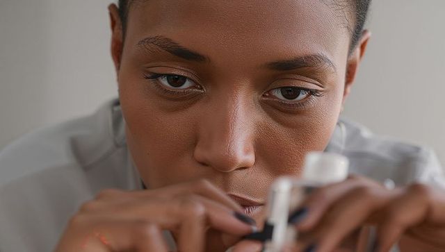 Woman concentrating adjusting small white gadget closeup portrait focused expression