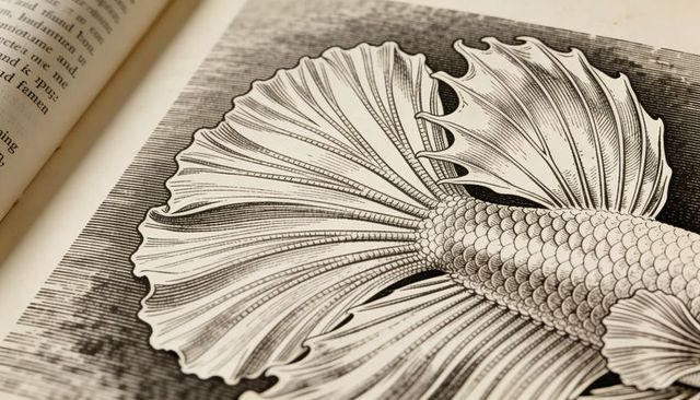 Vintage fish tail engraving on open antique book, detailed hatching and stippling