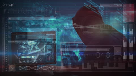 Hacker in Hood Analyzing Global Data on Laptop