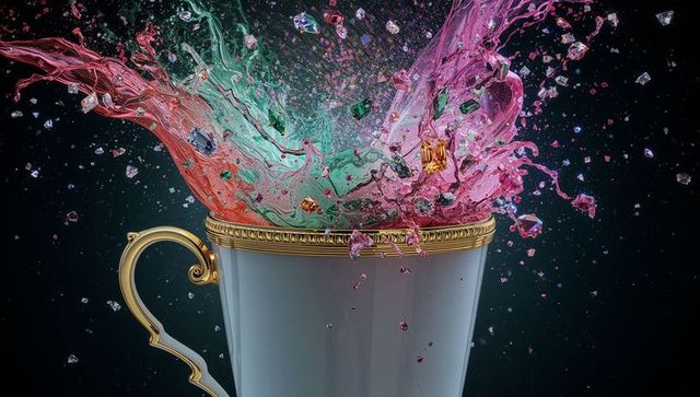 Porcelain Cup Splashing Magenta and Teal Liquids with Gold Rim and Crystal Shards