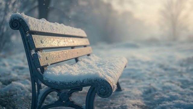 Snow-Covered Park Bench in Winter Tranquil Scene