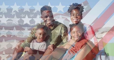 Joyful African American Family with USA Flag Overlay