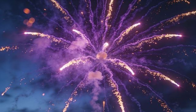Violet firework burst lighting twilight sky with golden sparks, smoke plumes, embers