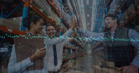 Warehouse Success Celebrated by Diverse Team with Financial Growth Overlay