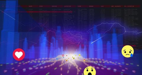 Digital Cityscape with Emojis and Light Trails in Tech Interface - Download Free Stock Images Pikwizard.com