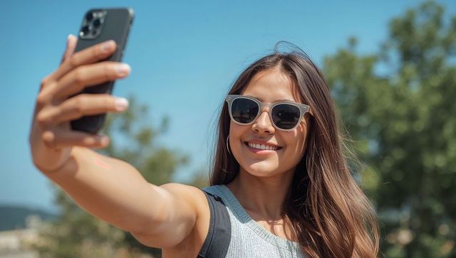 Smiling woman taking selfie outdoors with smartphone
