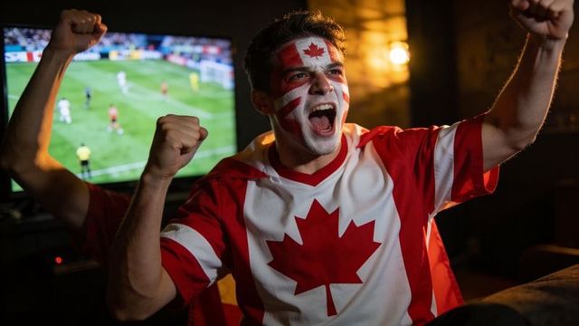Passionate canadian soccer fan cheering with face paint and maple leaf jersey on gameday