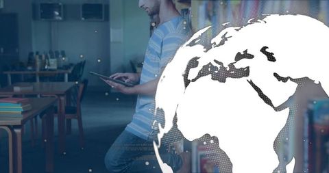 Student leaning in library scrolling tablet with globe overlay for global learning