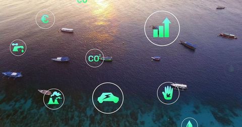 Sustainability Icons over Tropical Ocean at Sunset Highlight Eco Initiatives