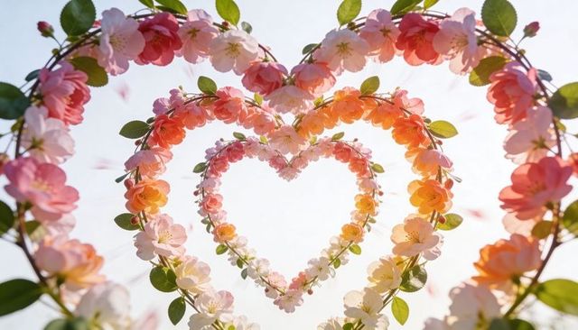 Triple heart blossom wreaths backlit pink floral garland romantic spring celebration decor