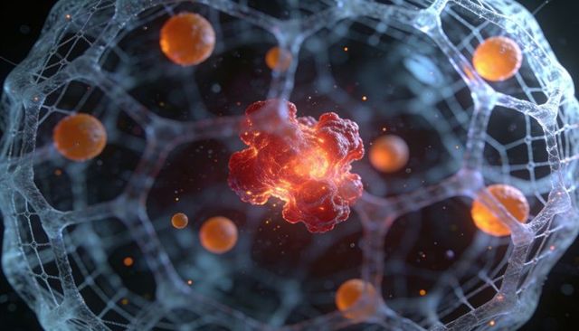Glowing molecular core within geodesic lattice with floating orange nanoparticles
