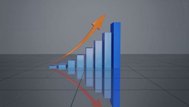 Blue 3d rising bar chart with orange arrow on reflective floor business growth
