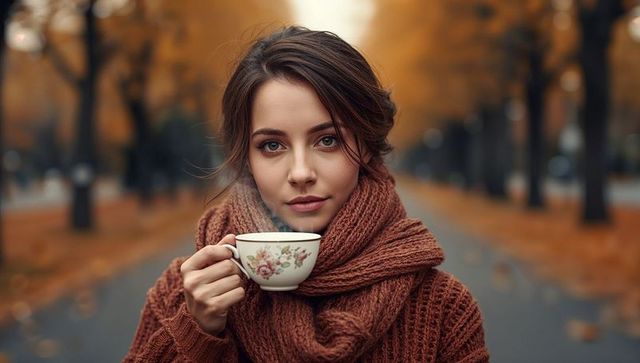 Elegantly Sipping Tea on Scenic Autumn Avenue
