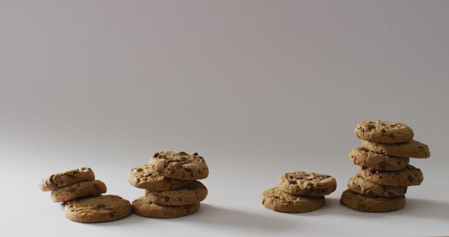 Image of four stacks of chocolate chip cookies on pale grey background with copy space. sweet, tasty snack food treat.