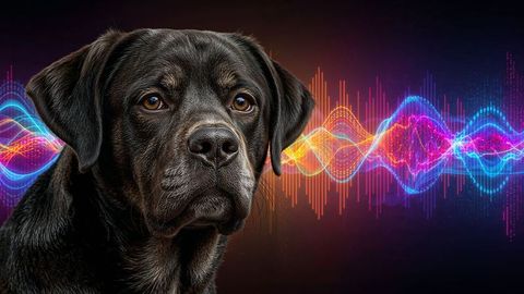 Black labrador with neon waveform background - futuristic canine portrait