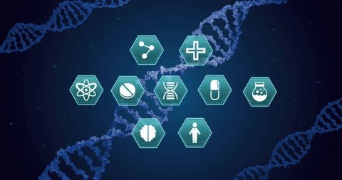 Medical Icons Overlaying DNA Helix on Blue Background - Download Free Stock Images Pikwizard.com