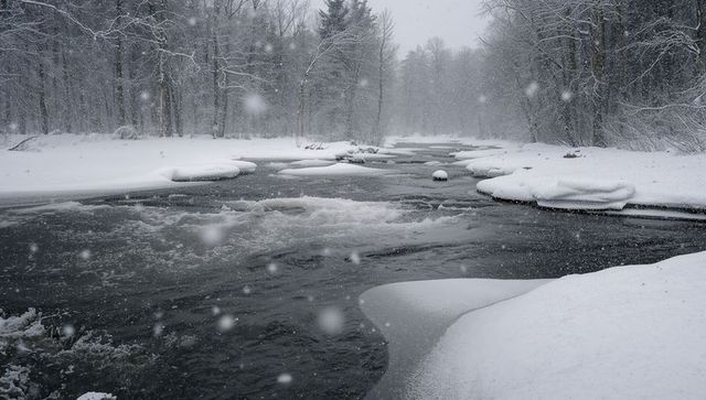 Winter river flowing through snow-covered forest with ice shelves, rapids and falling snow