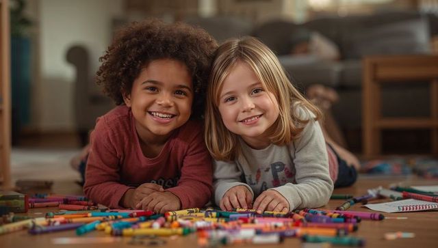 Two children drawing with crayons on living room floor, cozy creative playtime