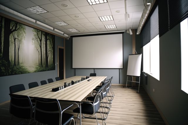 Modern conference room featuring a long wooden table, black chairs, and a large projection screen mounted on the wall, complemented by a serene forest wall mural. Elegant office space for corporate meetings, presentations, or training sessions.