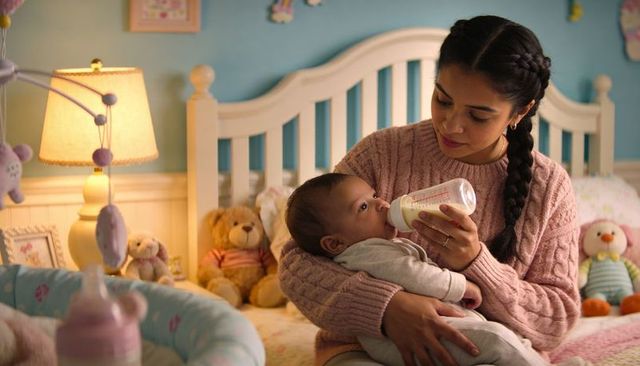Young mother cradling and feeding baby with bottle in cozy pastel nursery