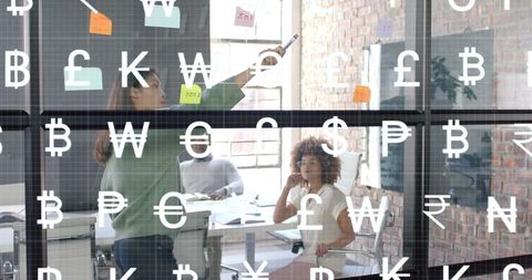 Currency Symbols Overlaying Business Meeting in Modern Office