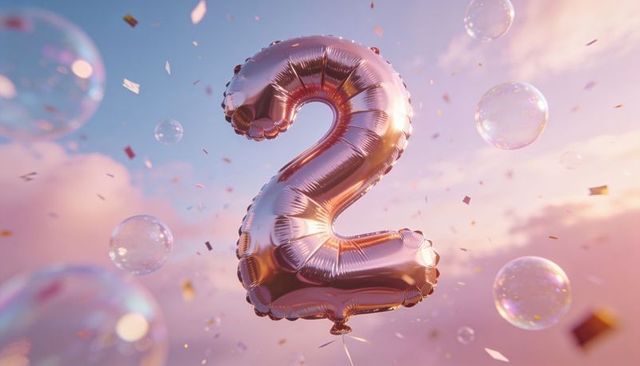 Floating rose gold foil number 2 balloon glowing at sunset with bubbles and confetti