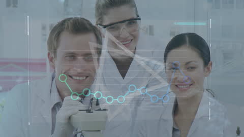Smiling Scientists Analyzing Data Overlays in Laboratory