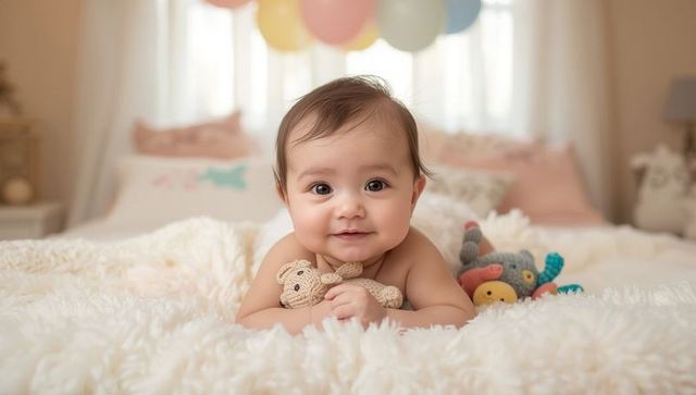 Adorable baby playing with soft toy in cozy nursery
