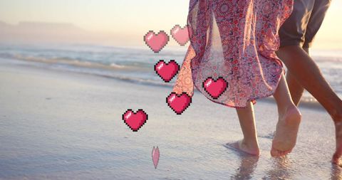 Romantic Couple Walking on Beach with Pixel Hearts Overlay