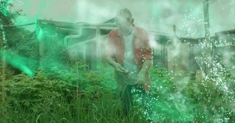 Ethereal Gardener Pruning Plants in Lush Backyard