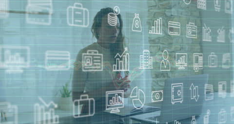 Women in Remote Business Analysis Call with Financial Data Overlay