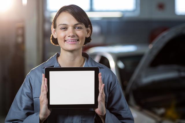 Female mechanic holding digital tablet in repair garage