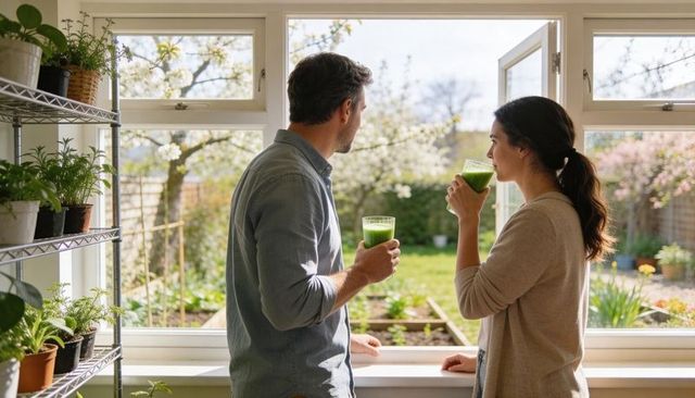 Couple enjoying green smoothies at open kitchen window overlooking blooming garden