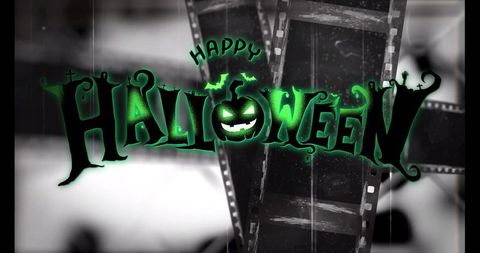 Glowing neon happy halloween pumpkin logo with film negatives gothic cinematic banner