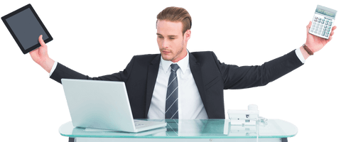 transparent multitasking businessman with tablet and calculator - Download Free Stock Videos Pikwizard.com
