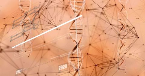 Visualizing dna network and genetic timeline with molecular helix, data nodes, analytics