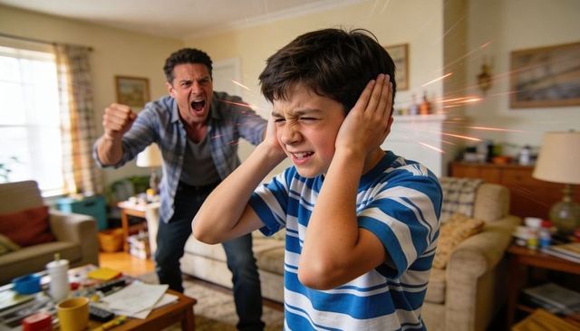 Frustrated father yelling at son covering ears in living room confrontation