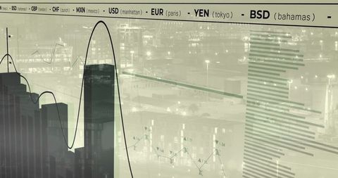 Urban financial analytics with digital graphs over night skyline