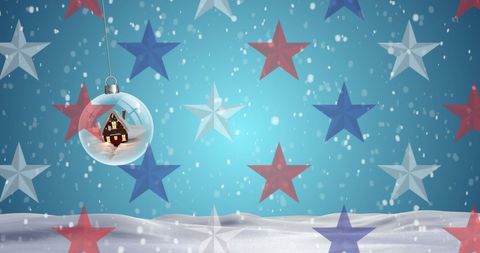 Christmas Ornament with Cabin in Snowfall and Star Background