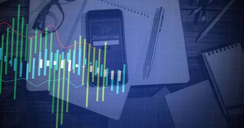 Smartphone displaying discount code on desk with candlestick chart and analytics overlay